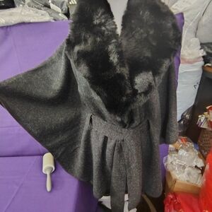 Elegant Black Ruana Cape with Faux Fur